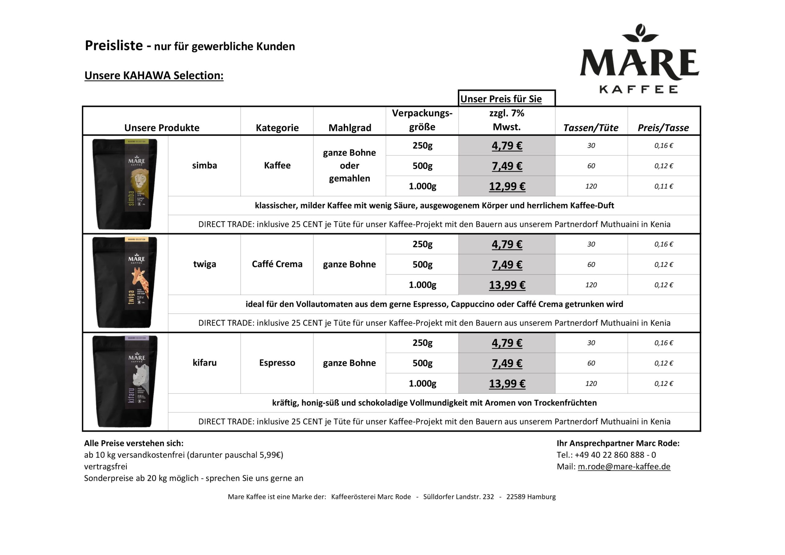 Preisliste KAHAWA Selection 1.000g Website