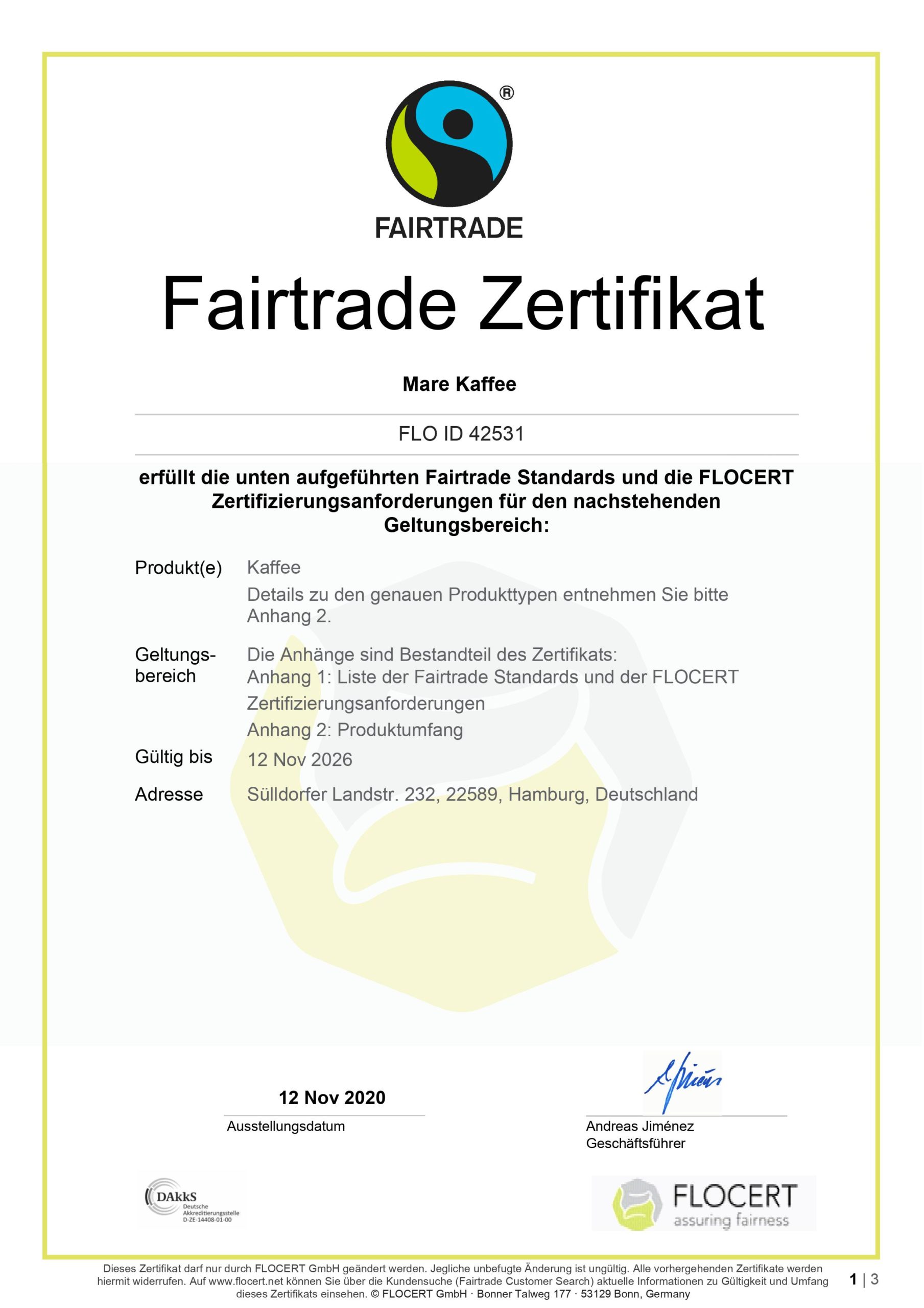 FAIRTRADE Zertifikat Seite 1