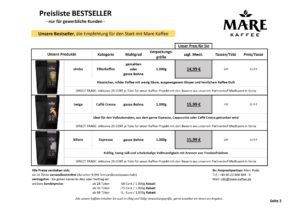 Mare Kaffee Preisliste Bestseller