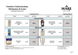 Preisliste Trinkschokolade, Kakao, Milchpulver, Zucker