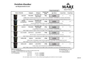 Mare Kaffee Preisliste Klassiker