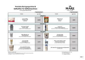 Preisliste Reinigungsmittel Kaffeemaschine