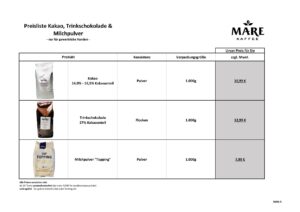 Preisliste Kakao, Trinkschokolade & Milchpulver