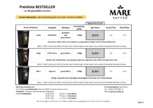 Mare Kaffee Preisliste Bestseller