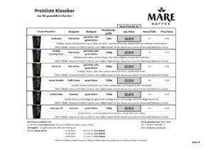 Mare Kaffee Preisliste Klassiker